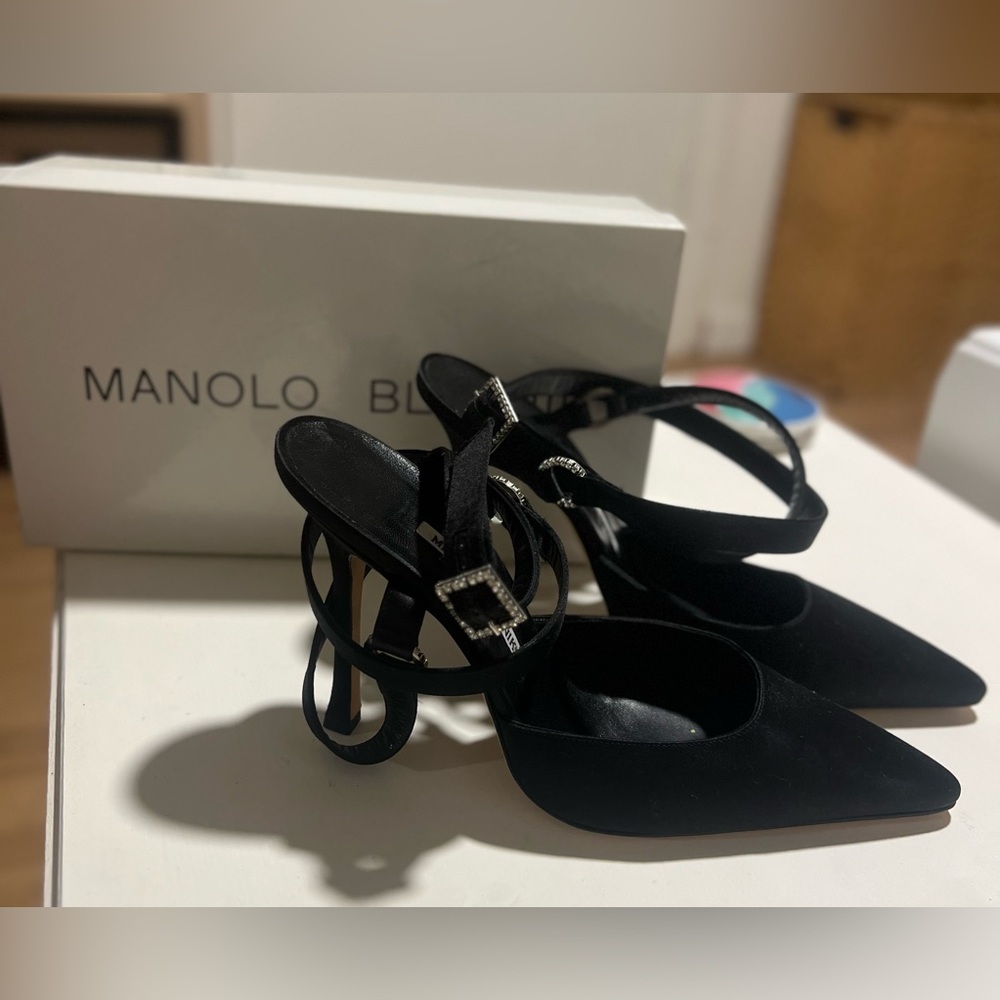Manolo Blahnik Black Strappy Cyayac Satin Heels with Crystal Buckle-8